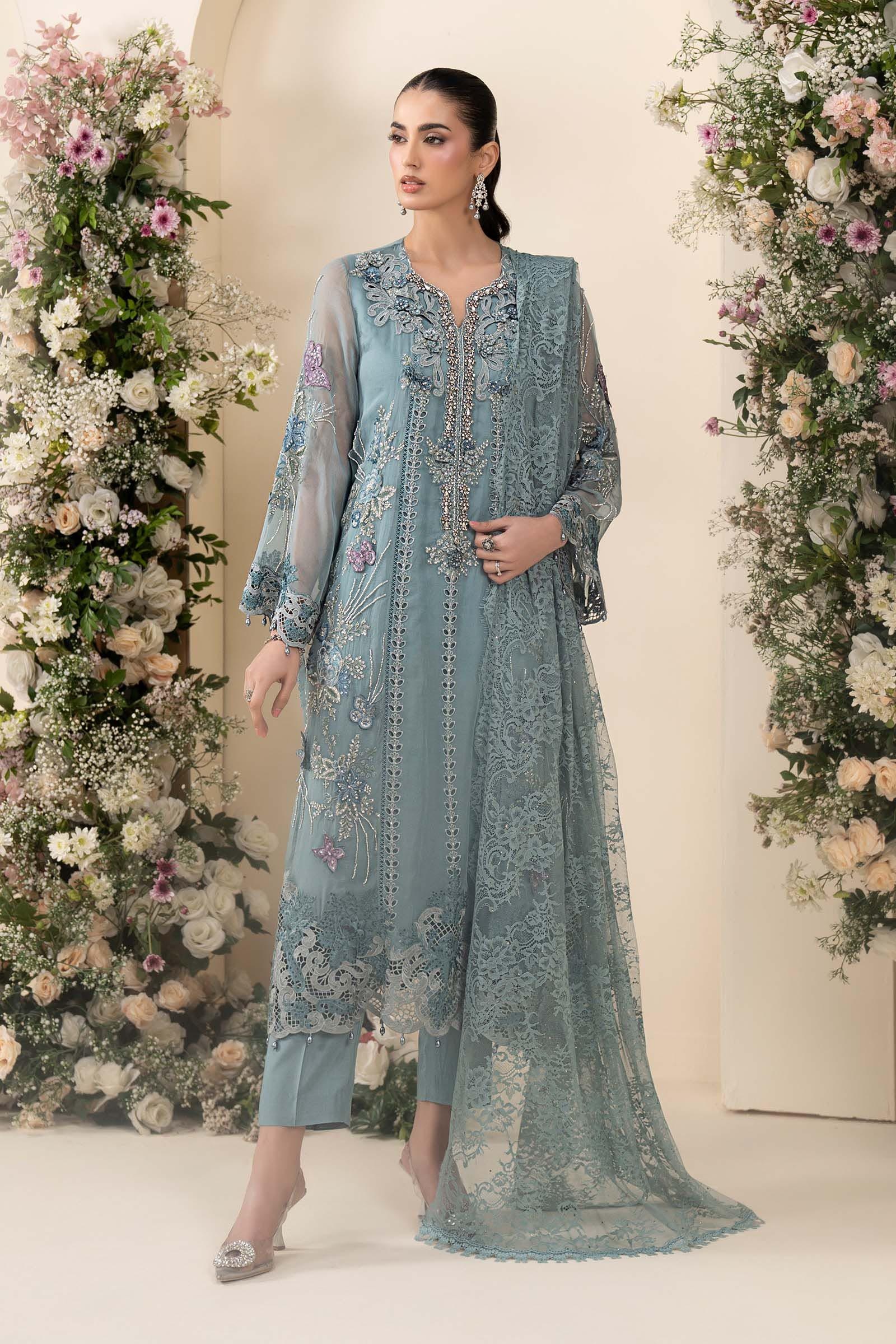 3 Piece Embroidered Chiffon Suit aqua pakistani fashion outfit in aqua tones.