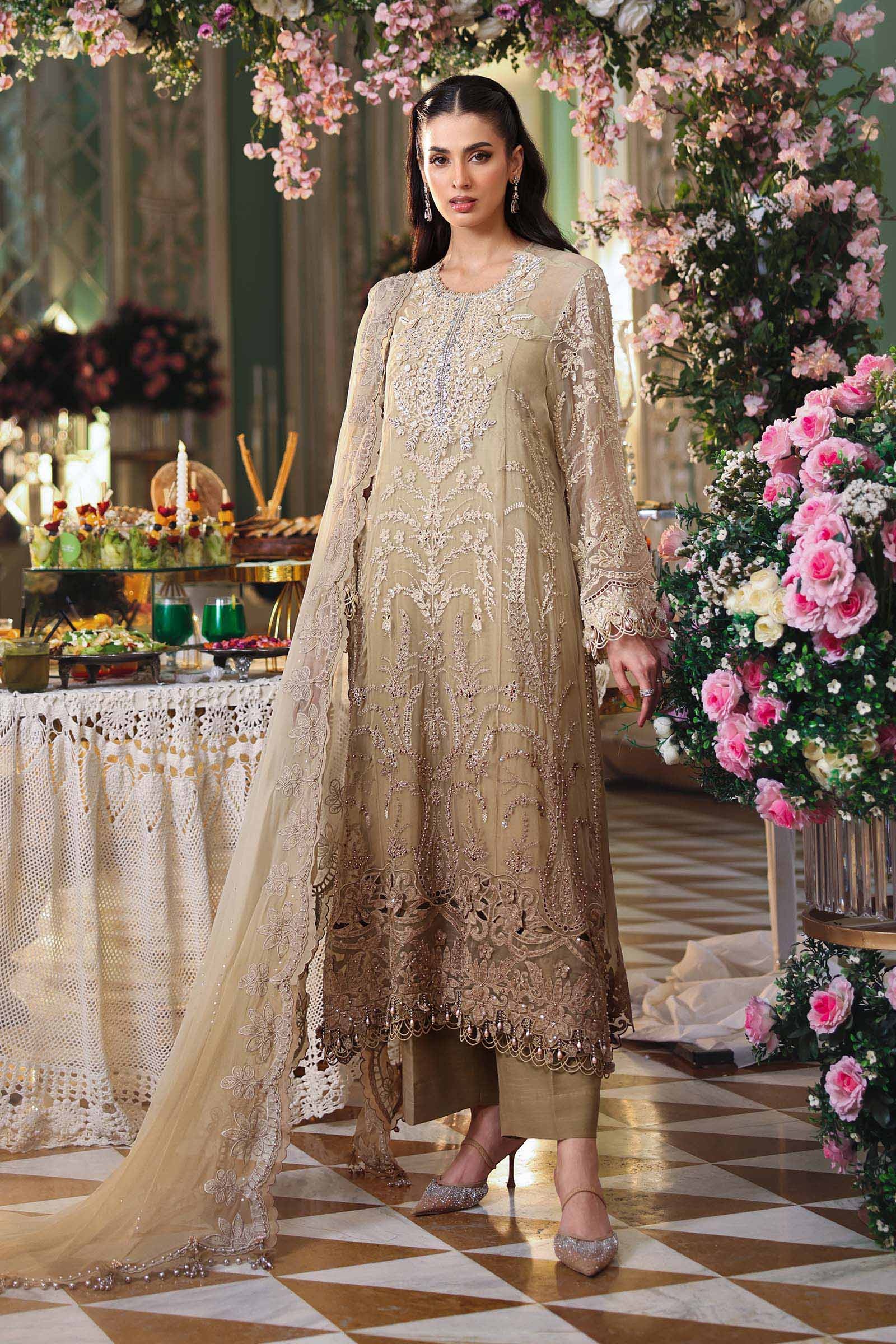 3 Piece Unstitched Embroidered Chiffon Suit COFFFE Pakistani fashion outfit in ivory, coffee tones.