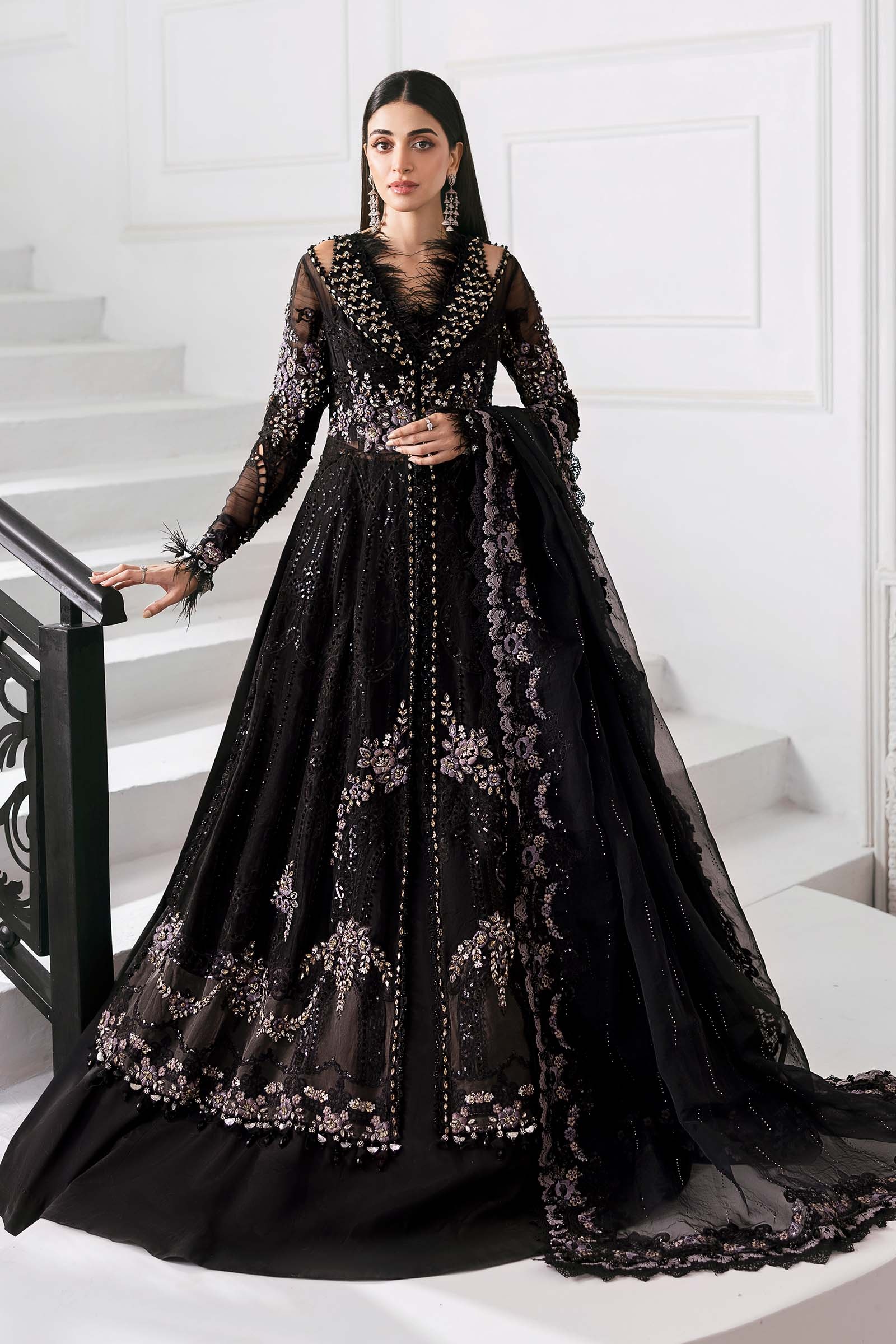 3 Piece Unstitched Embroidered Organza MC BLACK pakistani fashion outfit in black tones.