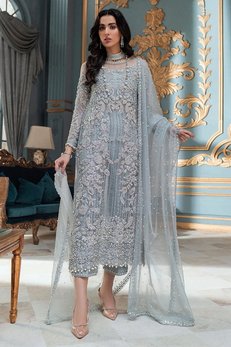 ADELA pakistani fashion outfit in blue, green, mint, silver tones.
