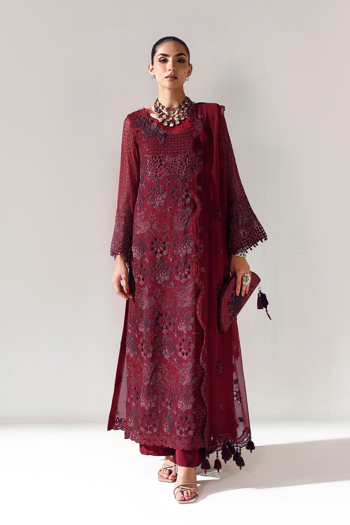 AF-BCH-2200-RIKA MAROON semi-formal. Bamber Chiffon / Organza. Available Unstitched.