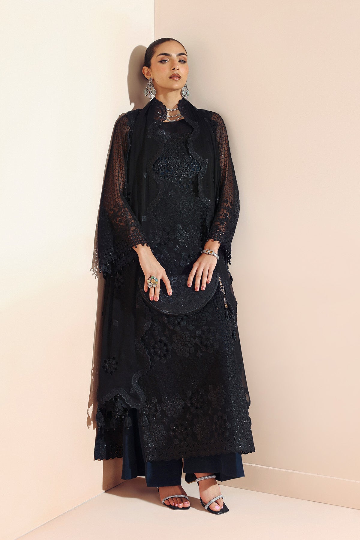 AF-BCH-2201-RIKA BLACK semi-formal. Bamber Chiffon / Organza. Available Unstitched.