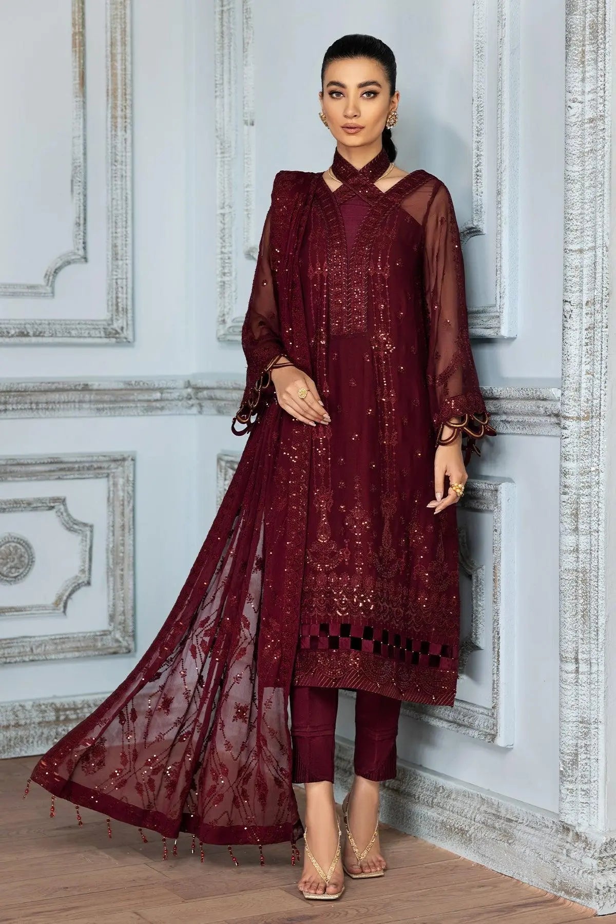 AF-CH-2092-Lavana semi-formal. Raw Silk / Chiffon. Available Unstitched.
