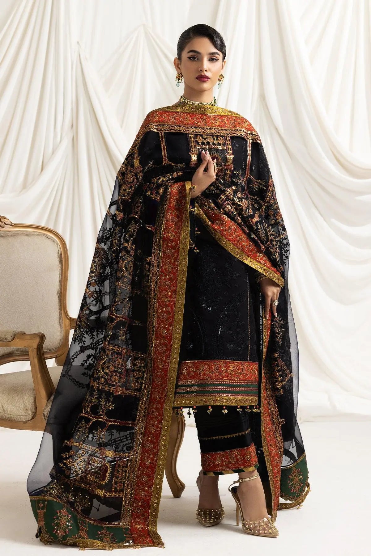 AF-CH-2116-Mehlika B Black wedding formal. Chiffon / Organza. Available Unstitched.