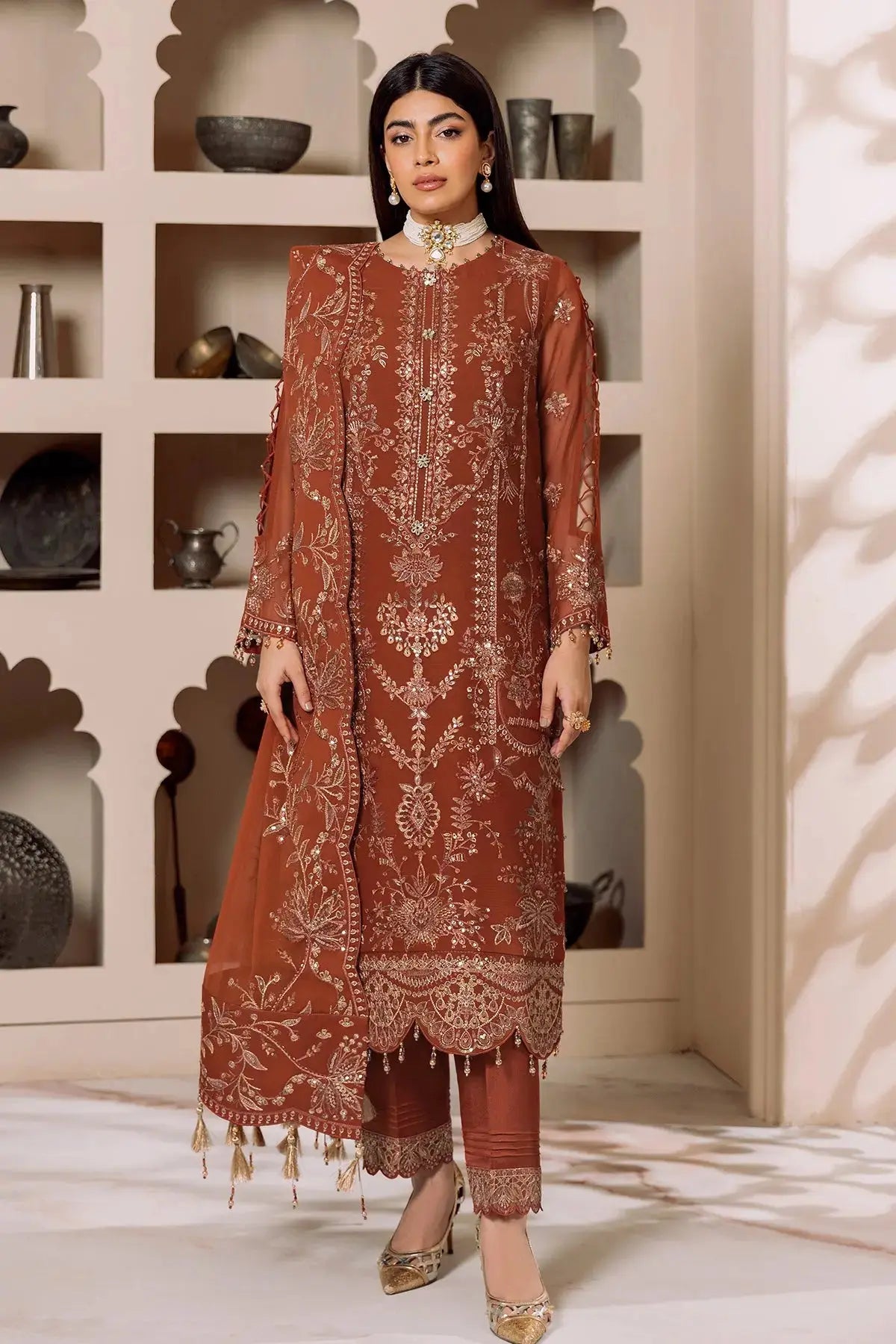 AF-DUA-3003-Lyra Rust semi-formal. Raw Silk / Chiffon. Available Unstitched.