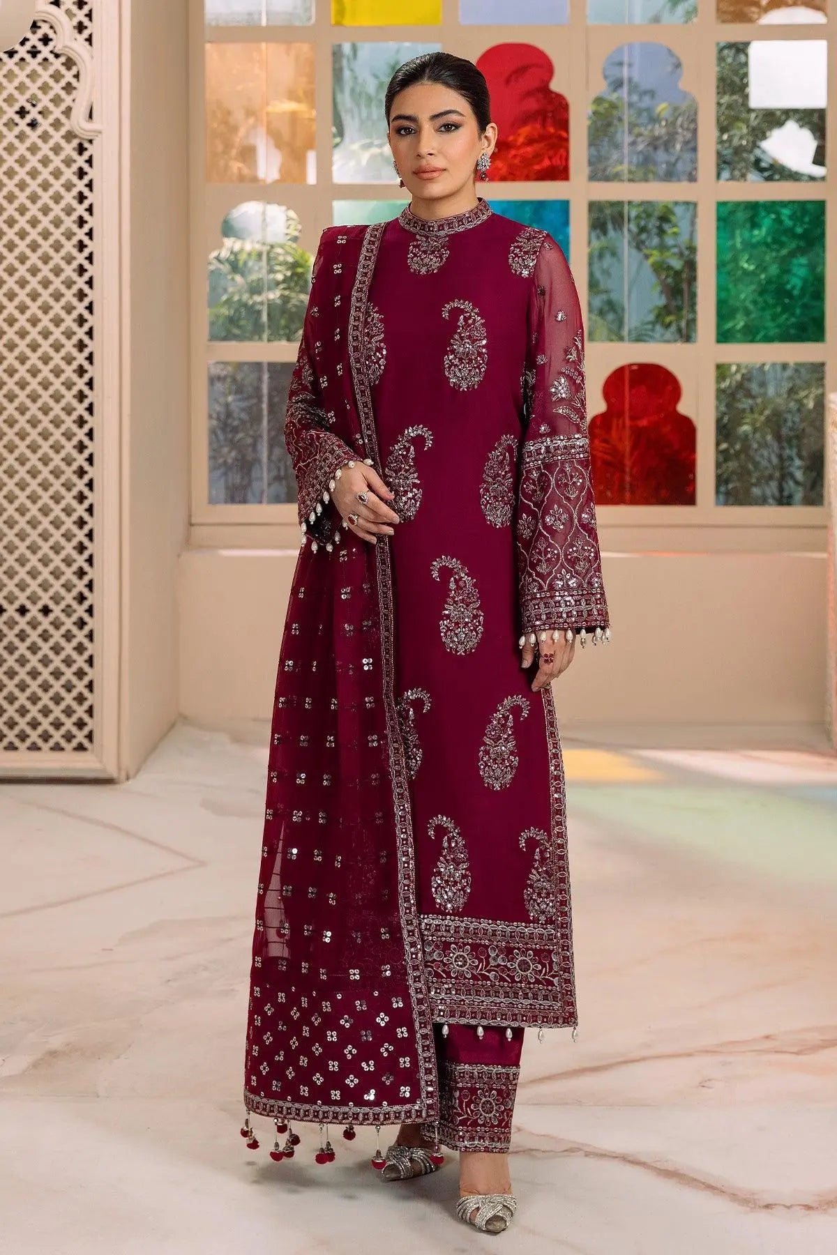 AF-DUA-3011-Amaya Magenta semi-formal. Raw Silk / Chiffon. Available Unstitched.