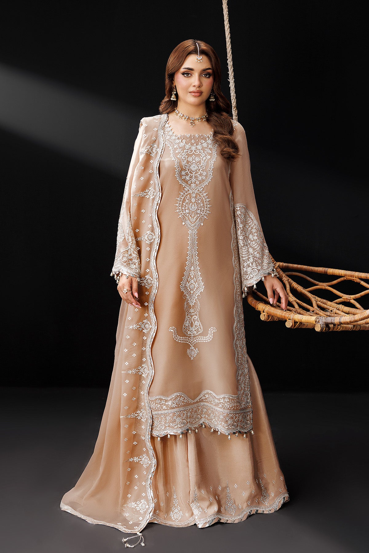 AF-DUA-3031-Gilded Lace semi-formal. Raw Silk / Chiffon / Organza. Available Unstitched.