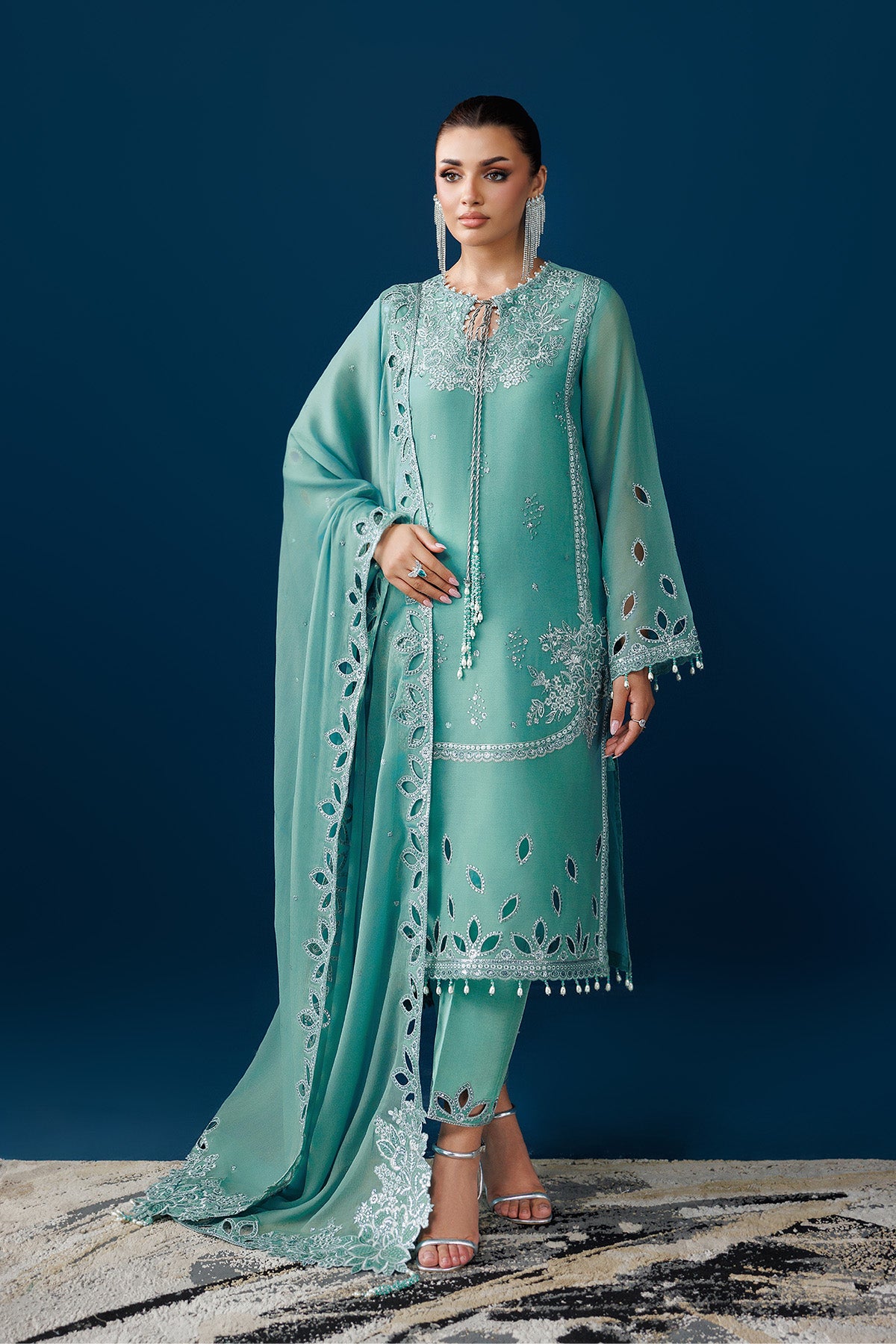 AF-DUA-3034-Sea Glass semi-formal. Raw Silk / Chiffon. Available Unstitched.