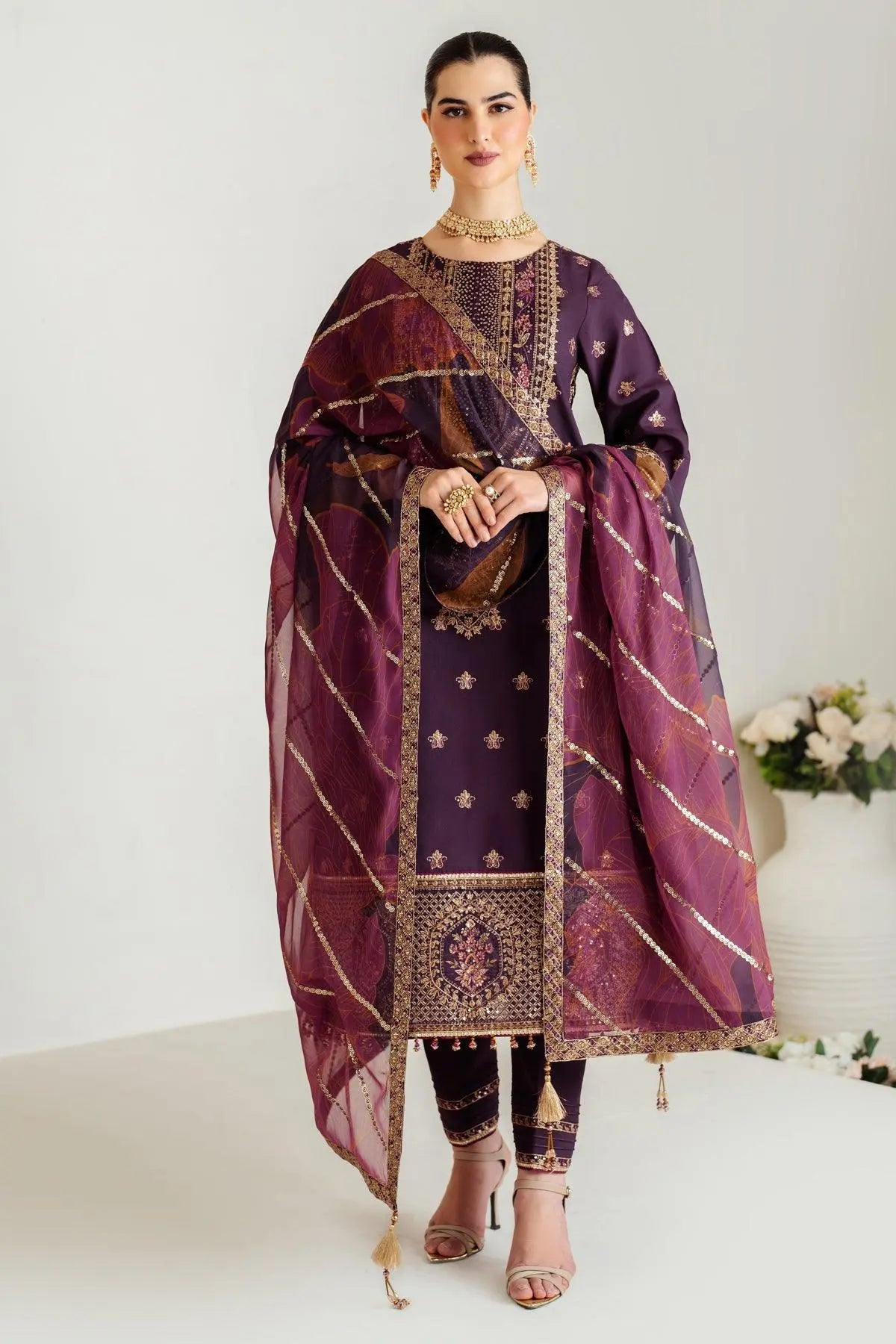 AF-RS-05-Scarlet semi-formal. Raw Silk / Chiffon / Organza. Available Unstitched.