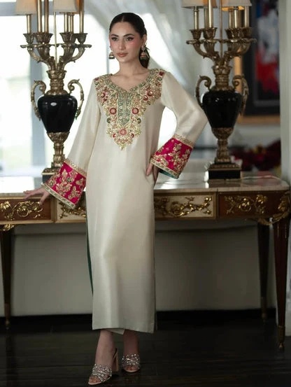 ALEEAN KHAN - KINZA clothing in ivory, pink, red, blue, green tones.