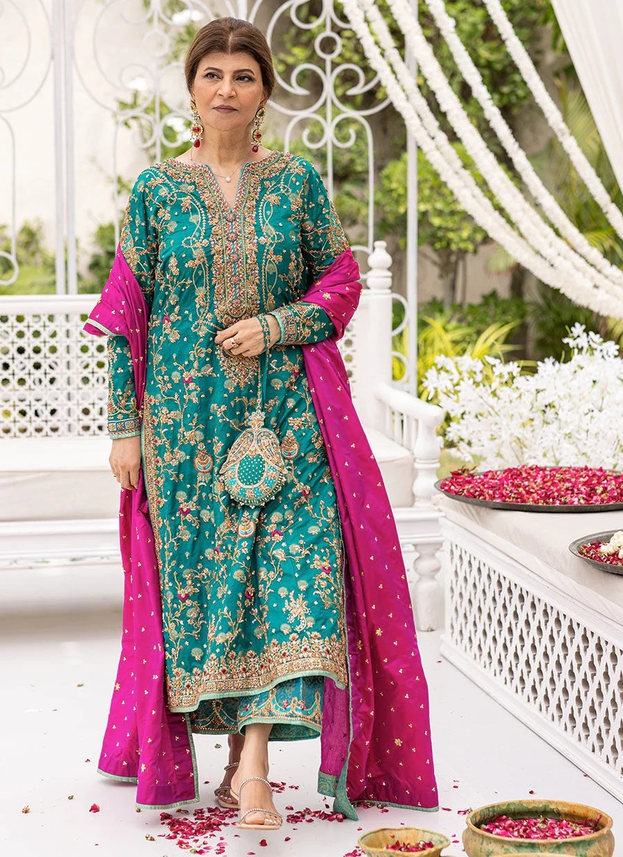 Avisa Emerald pakistani fashion outfit in blue, aqua, green, emerald green tones.