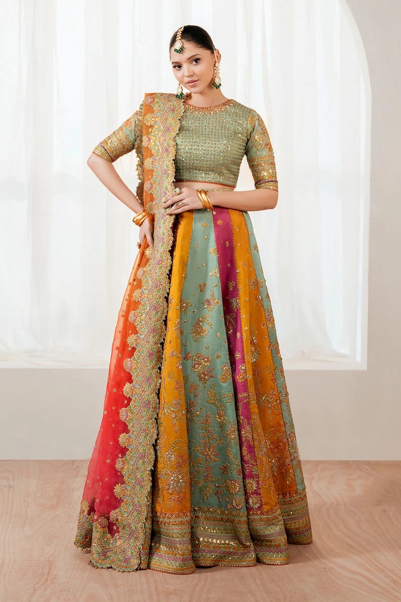 BAROQUE MEHNDI MULTI Pakistani fashion outfit in mustard, pink, aqua tones.