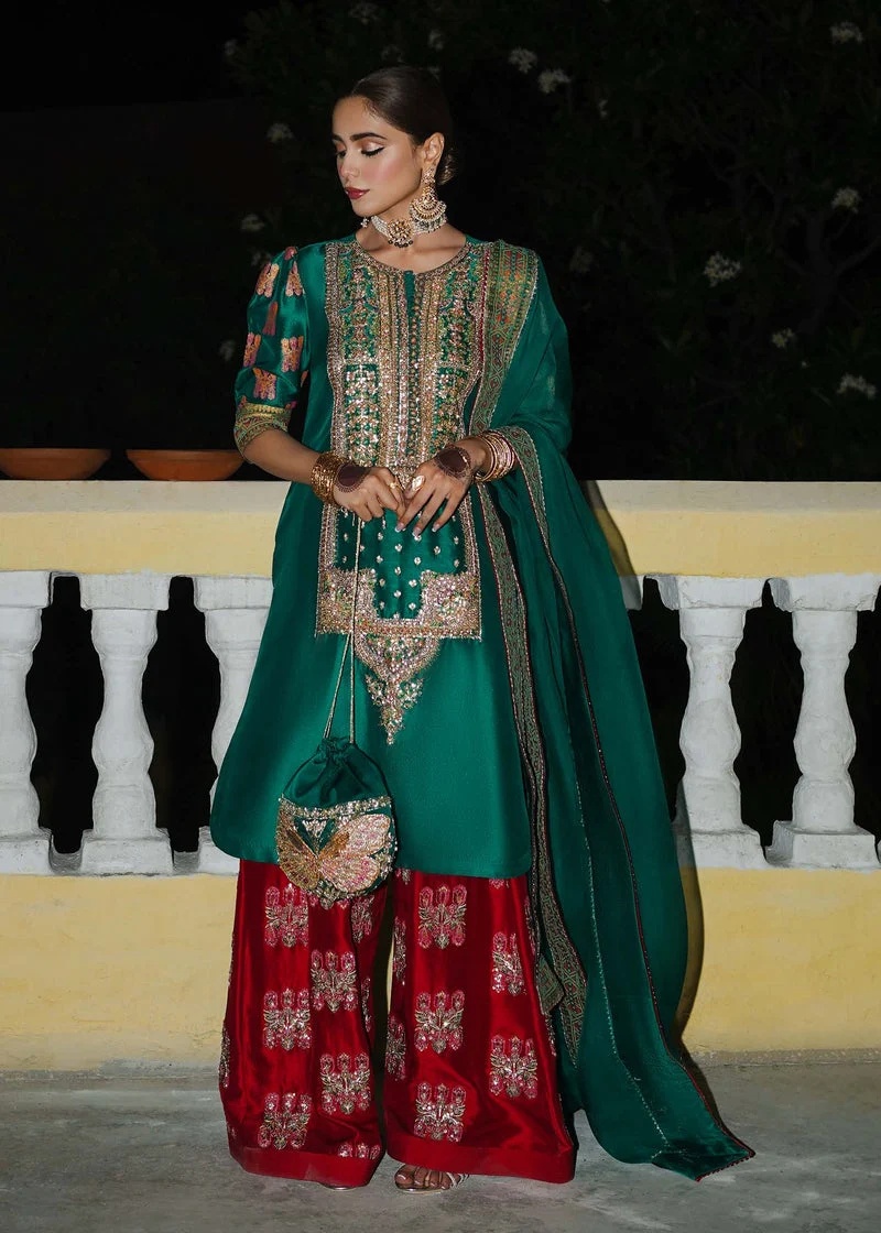 Beryl Pakistani fashion outfit in green, gold, pink, red tones.