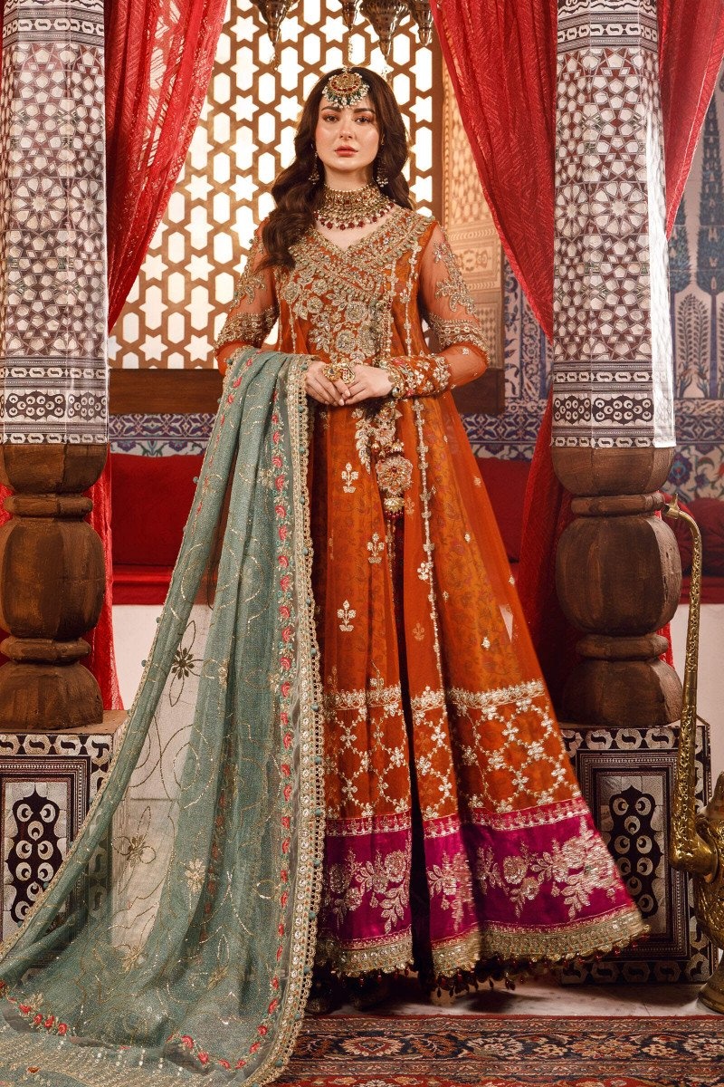 Burnt Orange, Fuchsia Pink (BD-2506) pakistani fashion outfit in orange, pink, fuchsia tones.