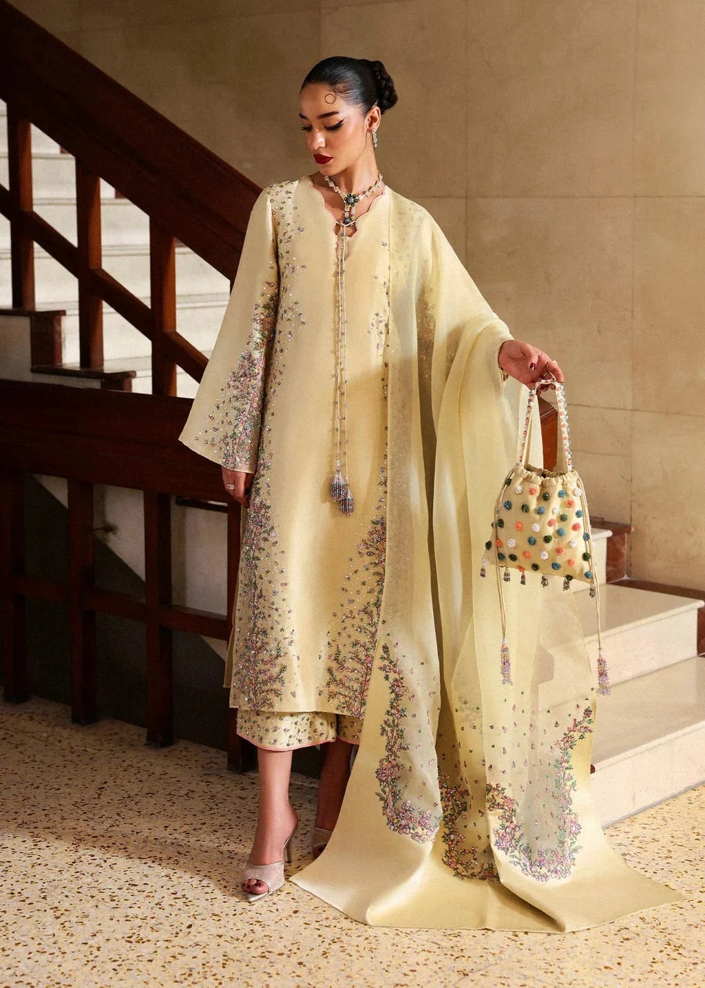 Ciel Pakistani fashion outfit in yellow, pink tones.