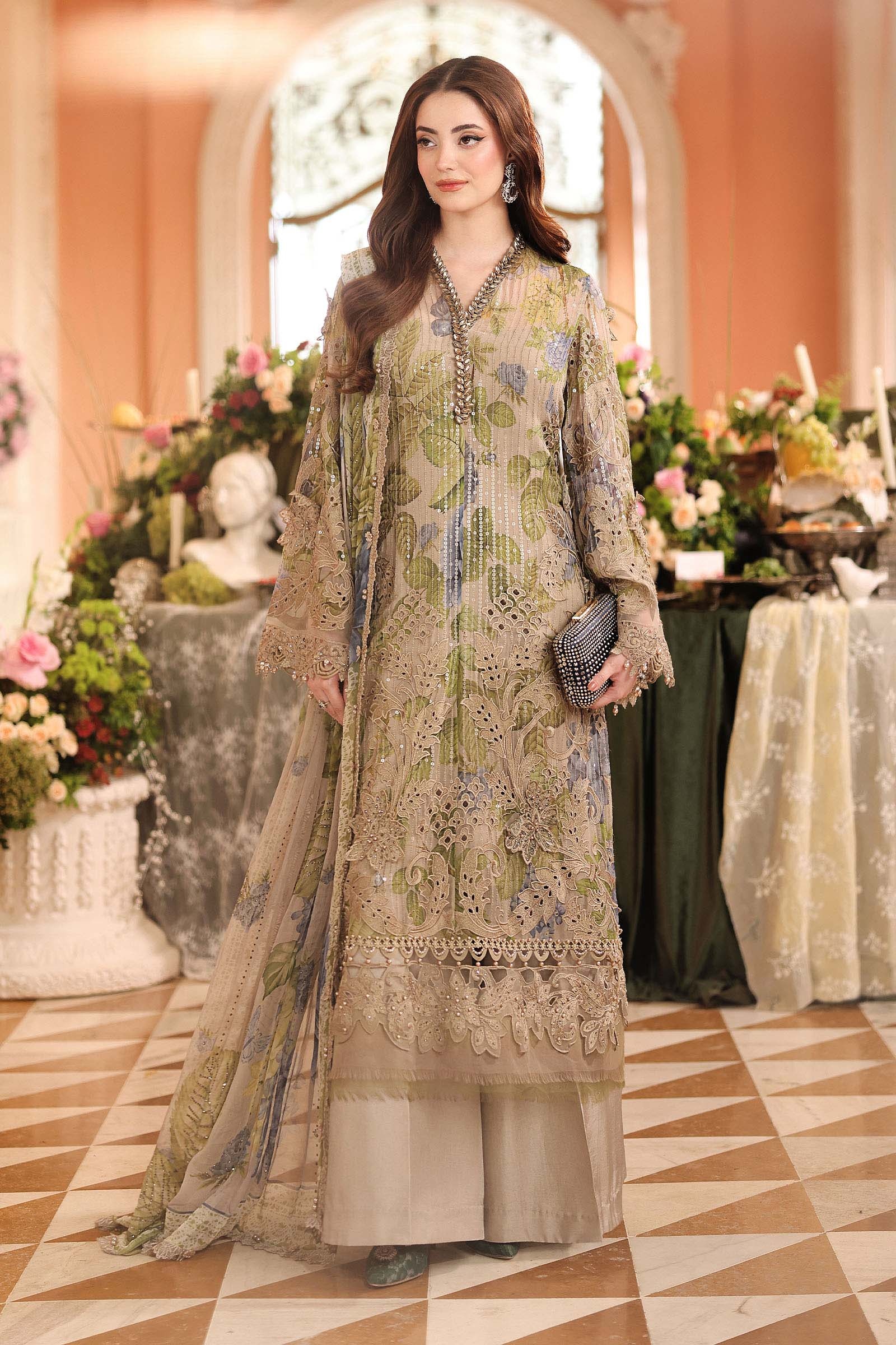 Embroidered Chiffon Suit coffee Pakistani fashion outfit in coffee tones.