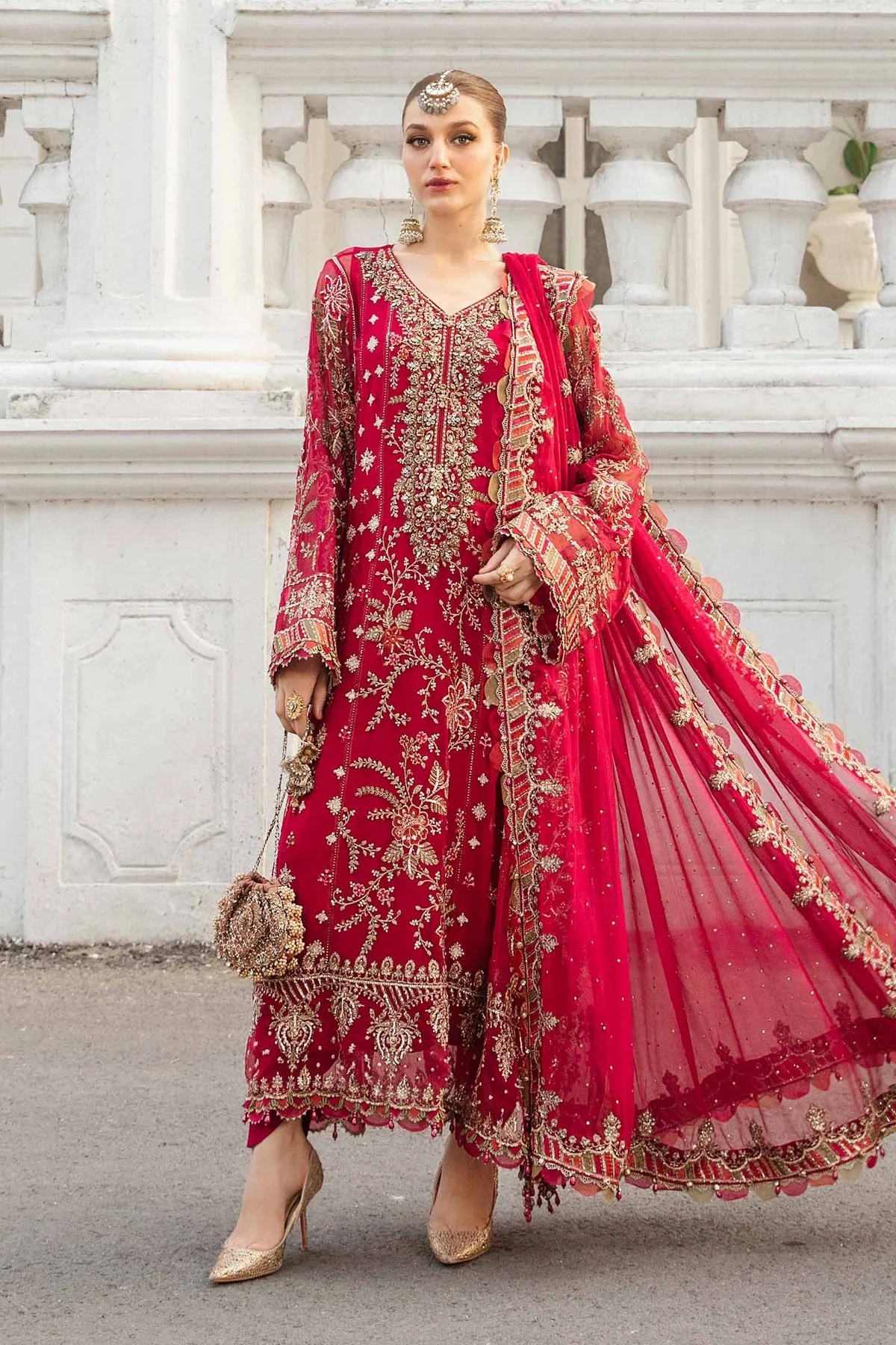 Embroidered TASSAL Suit | RED pakistani fashion outfit in red tones.