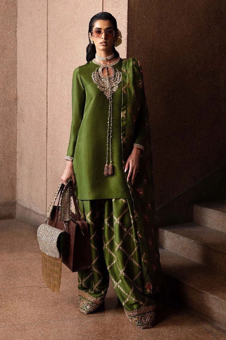 Green-Merlot pakistani fashion outfit in gold, pink, green tones.