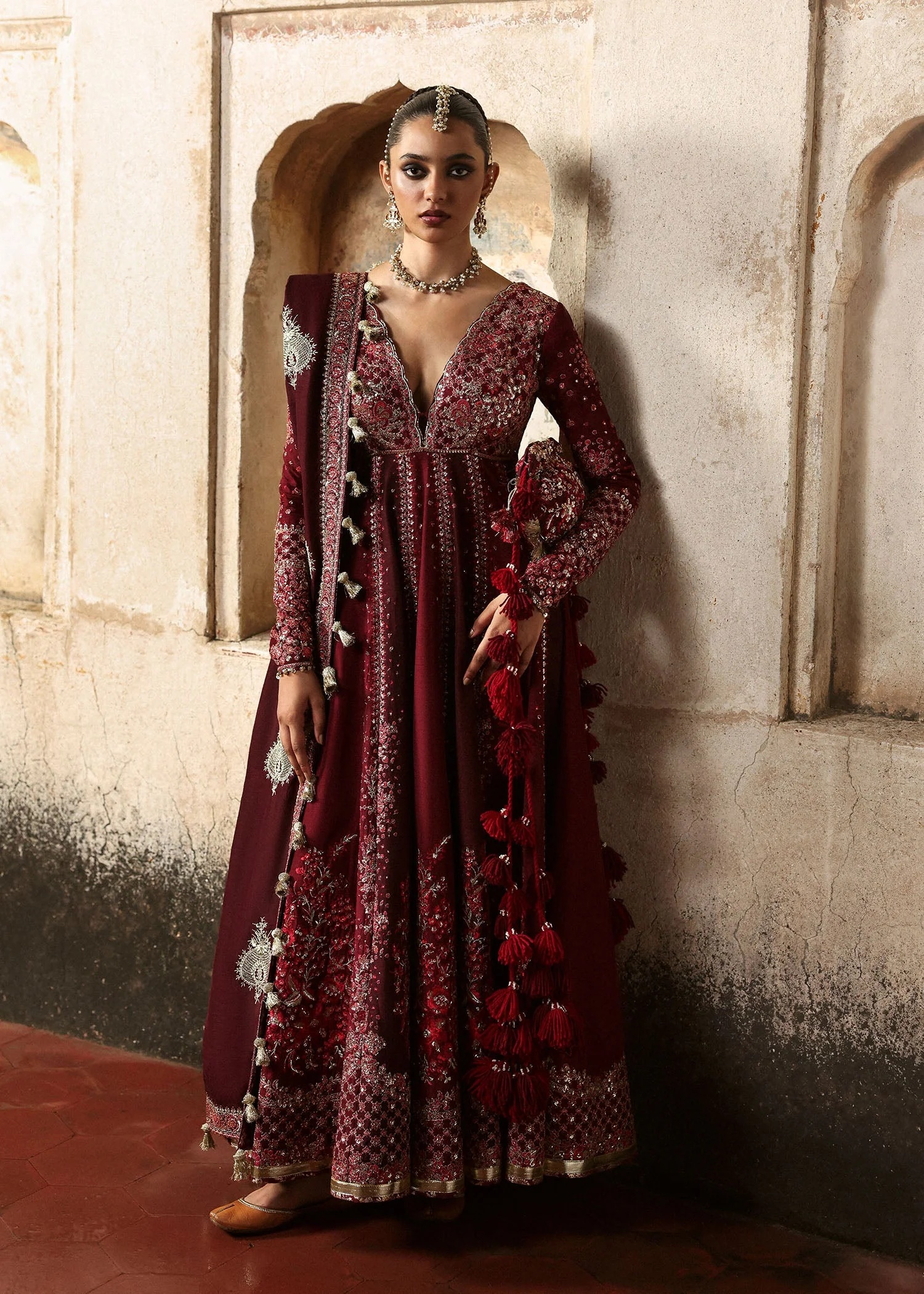 Gulnar Pakistani fashion outfit in maroon, burgundy tones.