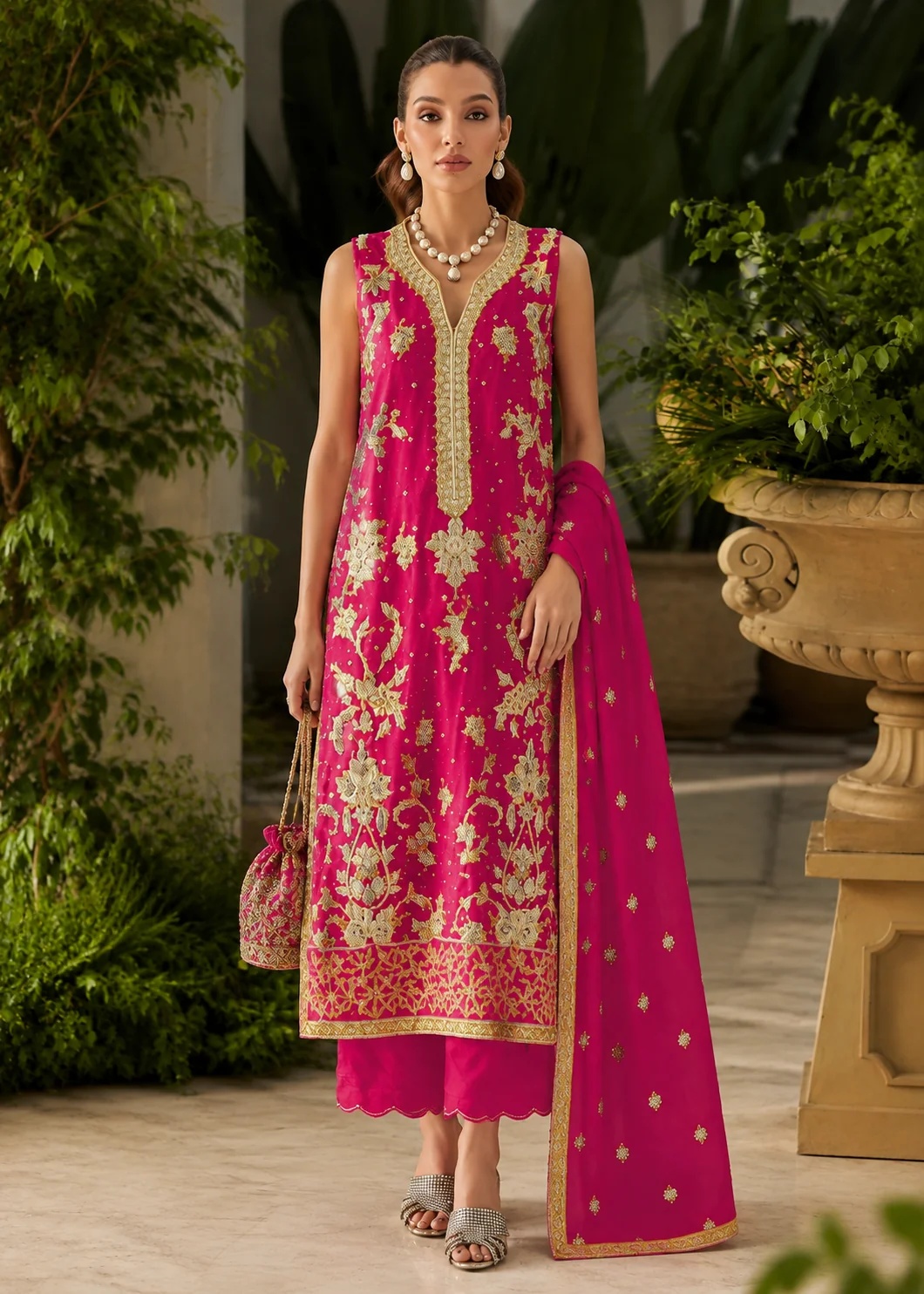 Hot Pink Gold - Mina Hassan pakistani fashion outfit in gold, pink tones.