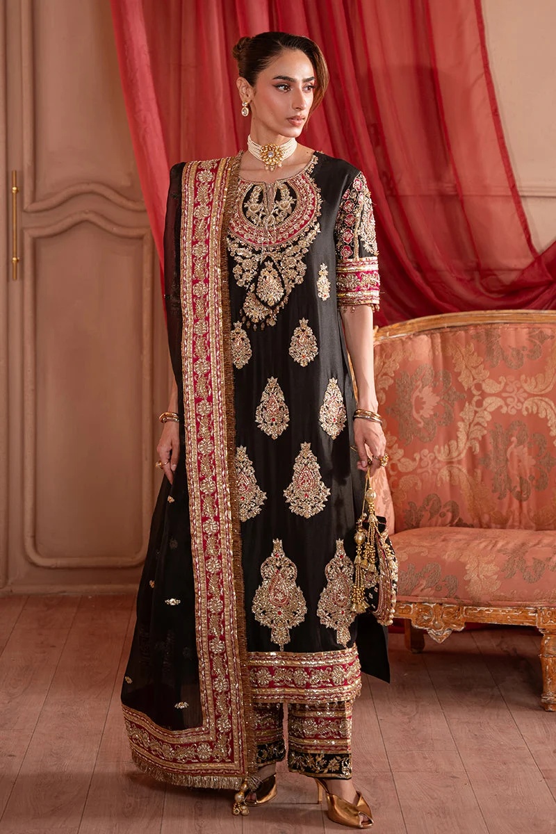 LUNARA (black) Pakistani fashion outfit in black, gold, pink, red tones.