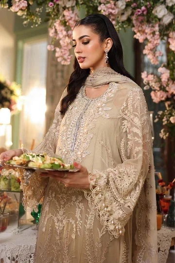 MARIA B Embroidered Chiffon clothing in ivory, coffee tones.