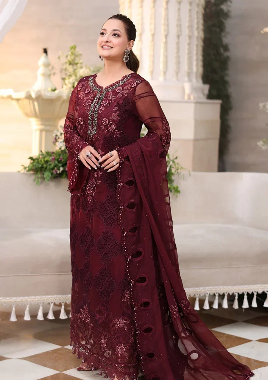 MARIA B Embroidered Chiffon clothing in maroon tones.