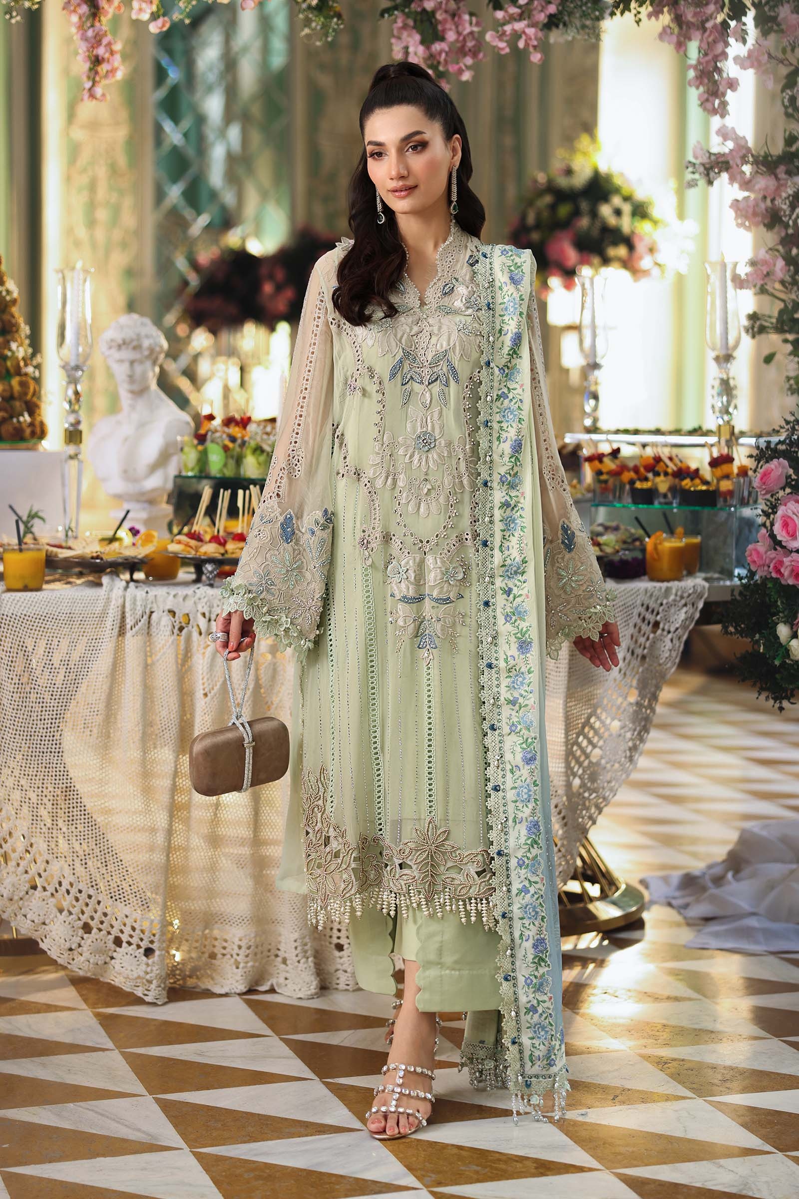 MARIA B Embroidered Chiffon clothing in green tones.