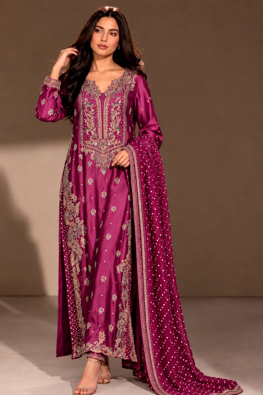 Magenta Elegance - Sehrish Nadeem Pakistani fashion outfit in silver tones.