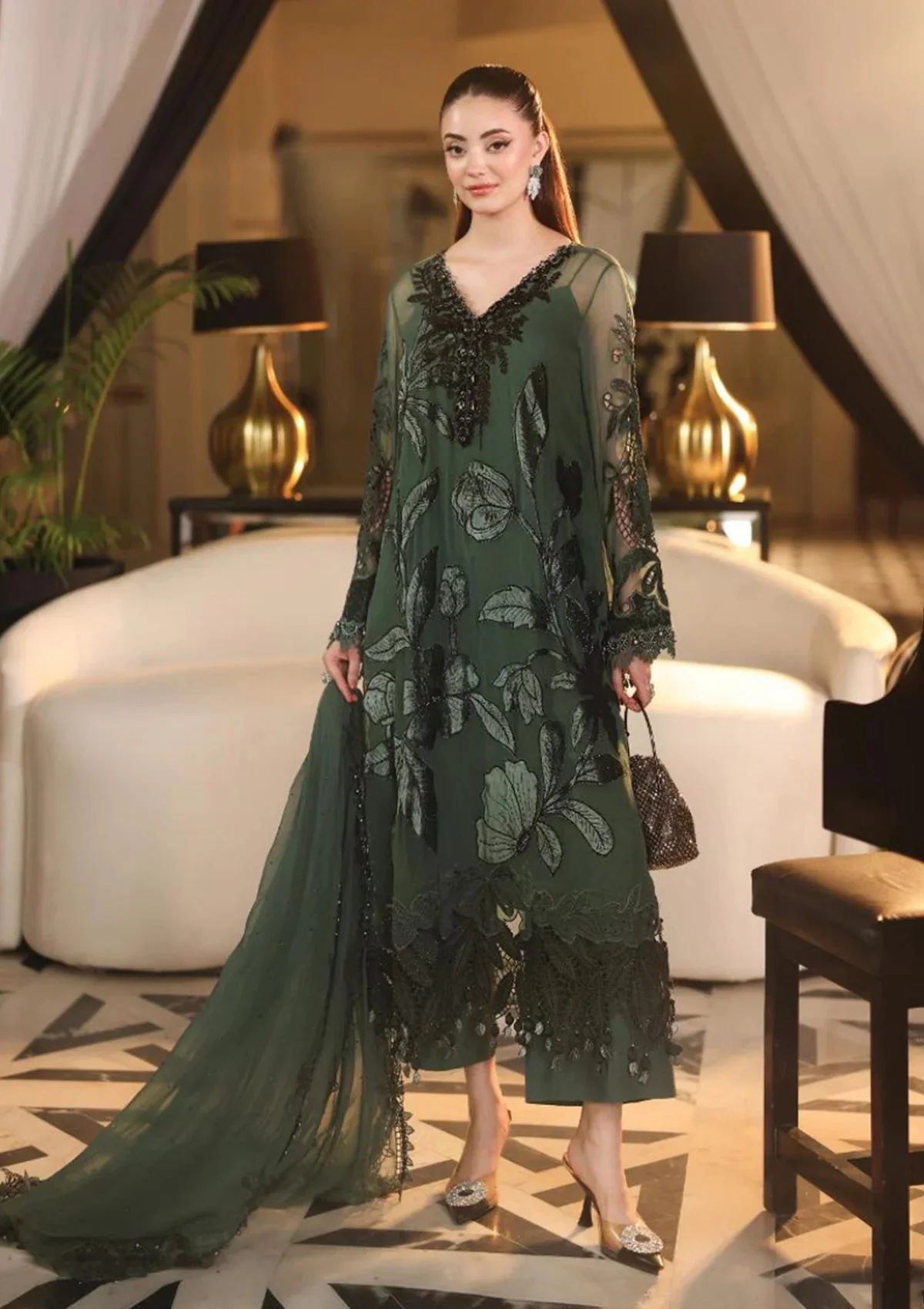 Maria.B Emerald Green Pakistani fashion outfit in green, emerald green tones.