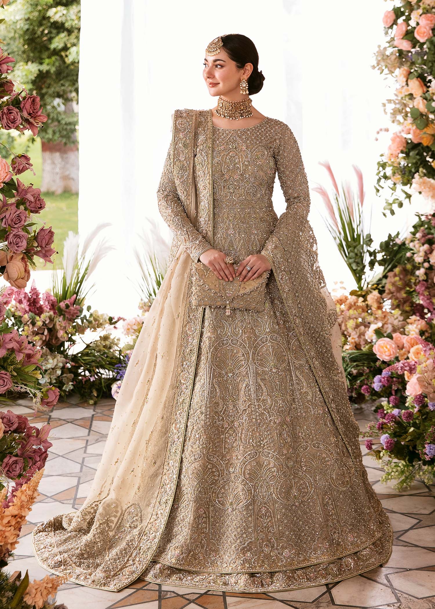Minha pakistani fashion outfit in beige, gold tones.