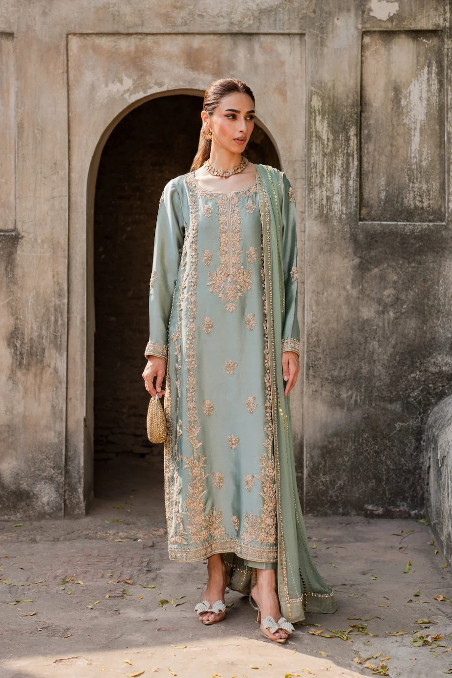 Nayab Pakistani fashion outfit in green, mint, pink tones.