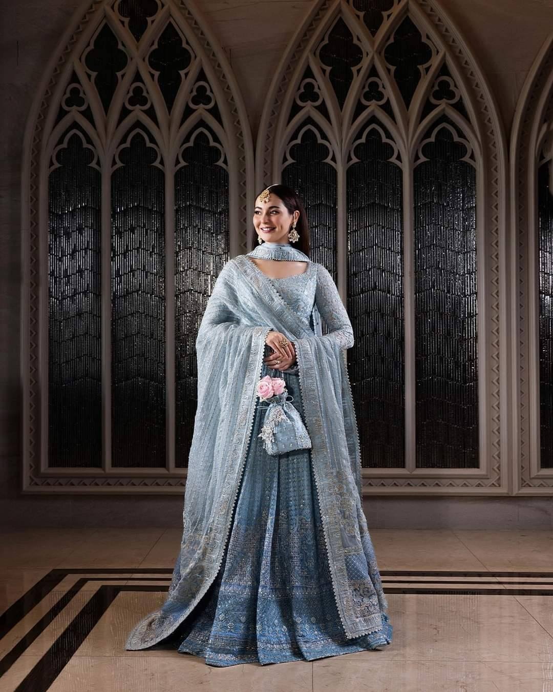 Neorah Miyah pakistani fashion outfit in ivory, blue, teal, green, mint, silver tones.