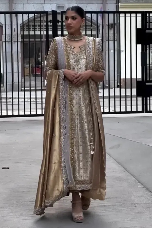 Noor- e- Haseen pakistani fashion outfit in gold, silver tones.