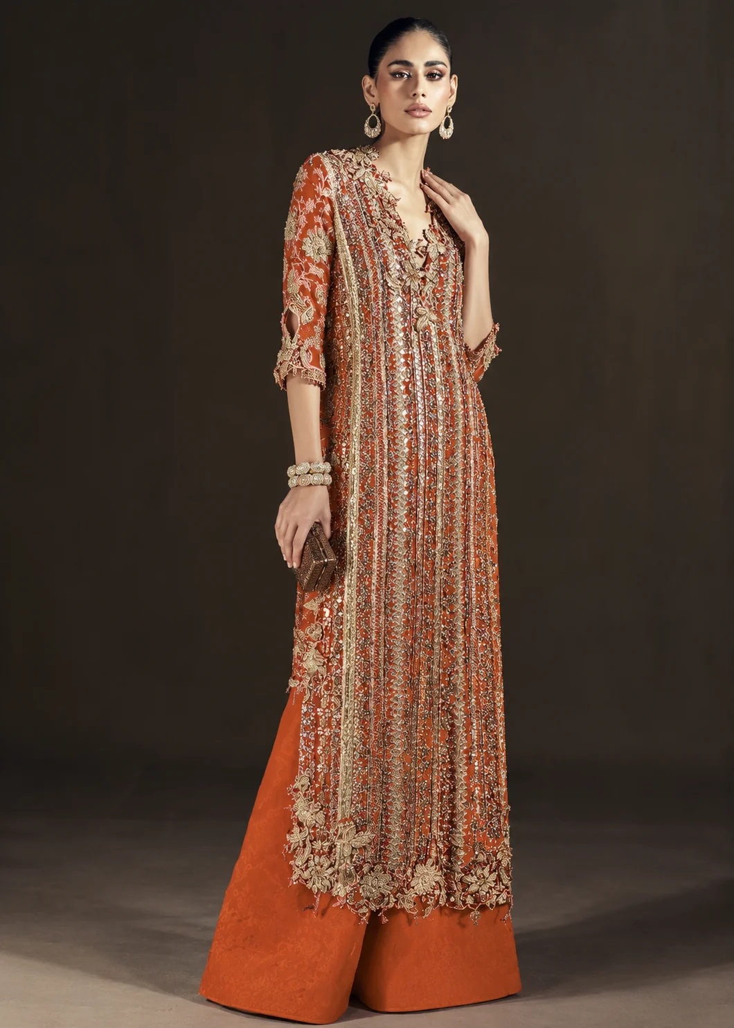 ORANGE ZEST GLAM - SANA SAFINAZ clothing in gold, orange, silver tones.