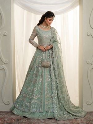 Faiza Saqlain 'Selin' - mint green sheer organza shirt with embroidered dupatta and raw silk lehenga.