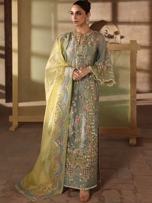 Crimson 'Jhalak' in Sunshine Blue - sage organza shirt with mirror and adda work, yellow dupatta.