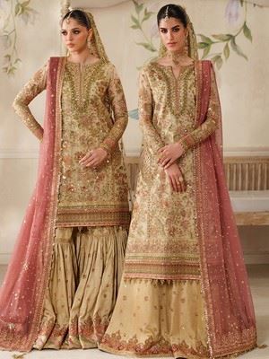 Baroque Chantelle V14-D02 - cream embroidered zari net shirt with two dupattas and silk trousers.
