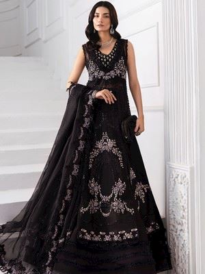 Maria B Mbroidered BD-3004 - black organza frock with 3D florals and luxury hand embellishment.