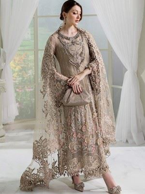 Maria B MPC-25-107 - beige organza unstitched formal with silver hand embellishment.