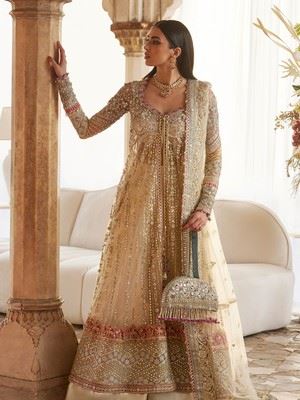 Zaha 'Zar-e Mahr' ZC25-06 - ivory net pishwas with mirror, tilla, gota and pearl embroidery.