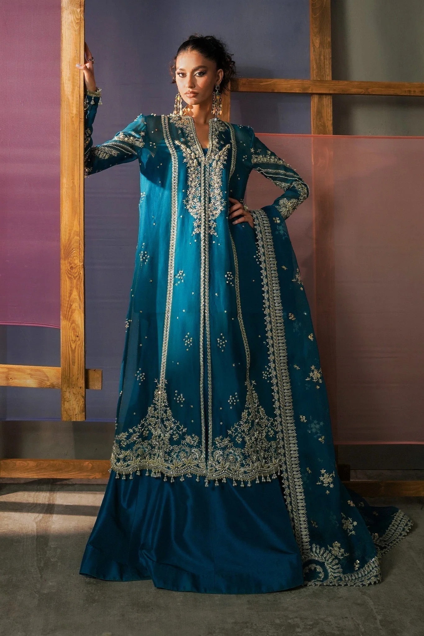 RUMI pakistani fashion outfit in blue, teal tones.