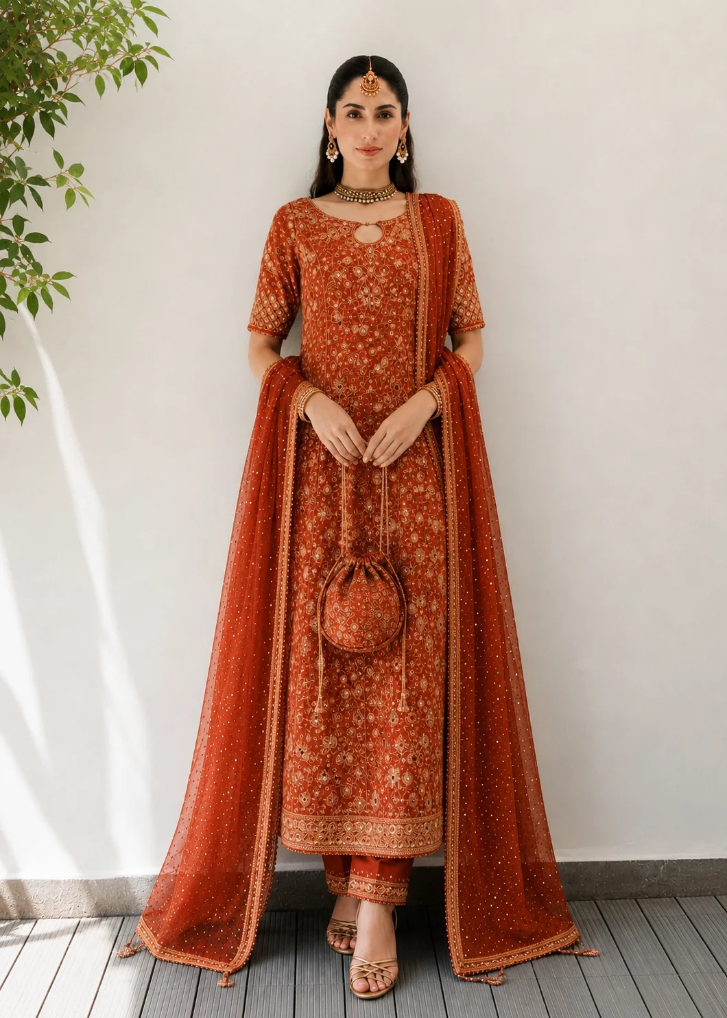 Rust-Orange Pakistani fashion outfit in orange, rust tones.
