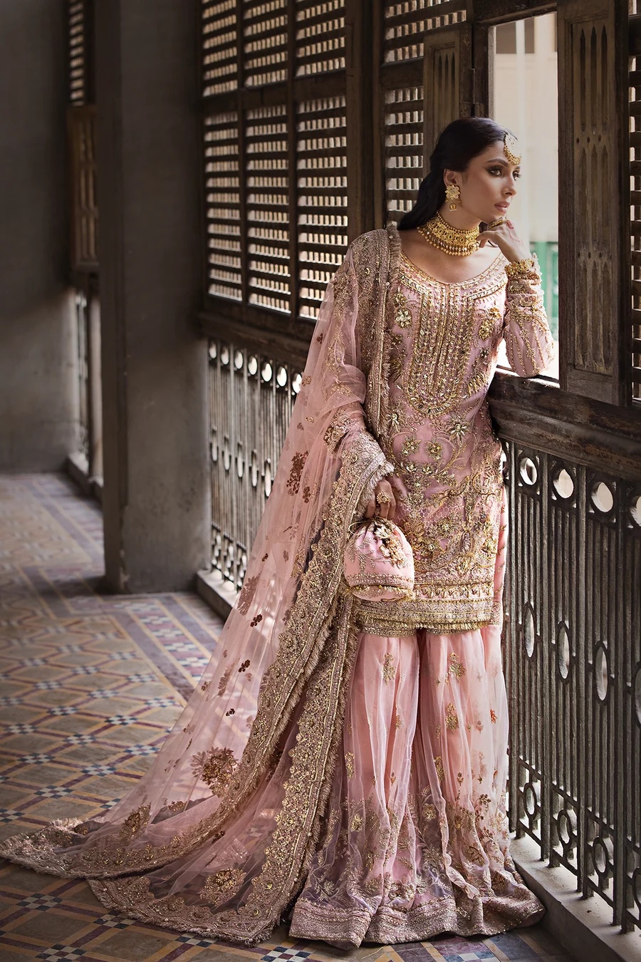 SAHIBA pakistani fashion outfit in gold, pink tones.