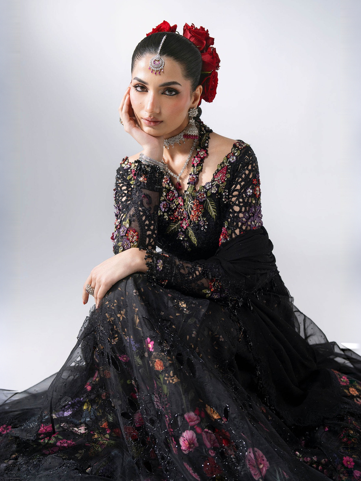 BD-3101 — 3 Piece Unstitched Embroidered Organza Suit. Color: Black.