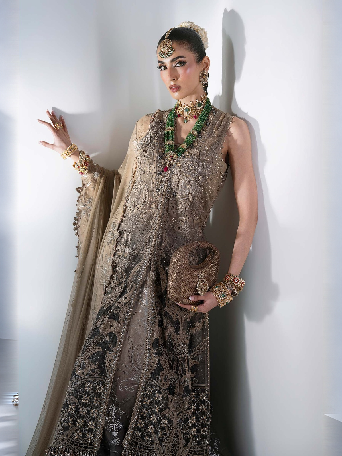 BD-3102 — 3 Piece Unstitched Embroidered Chiffon Suit. Color: Coffee & Grey.