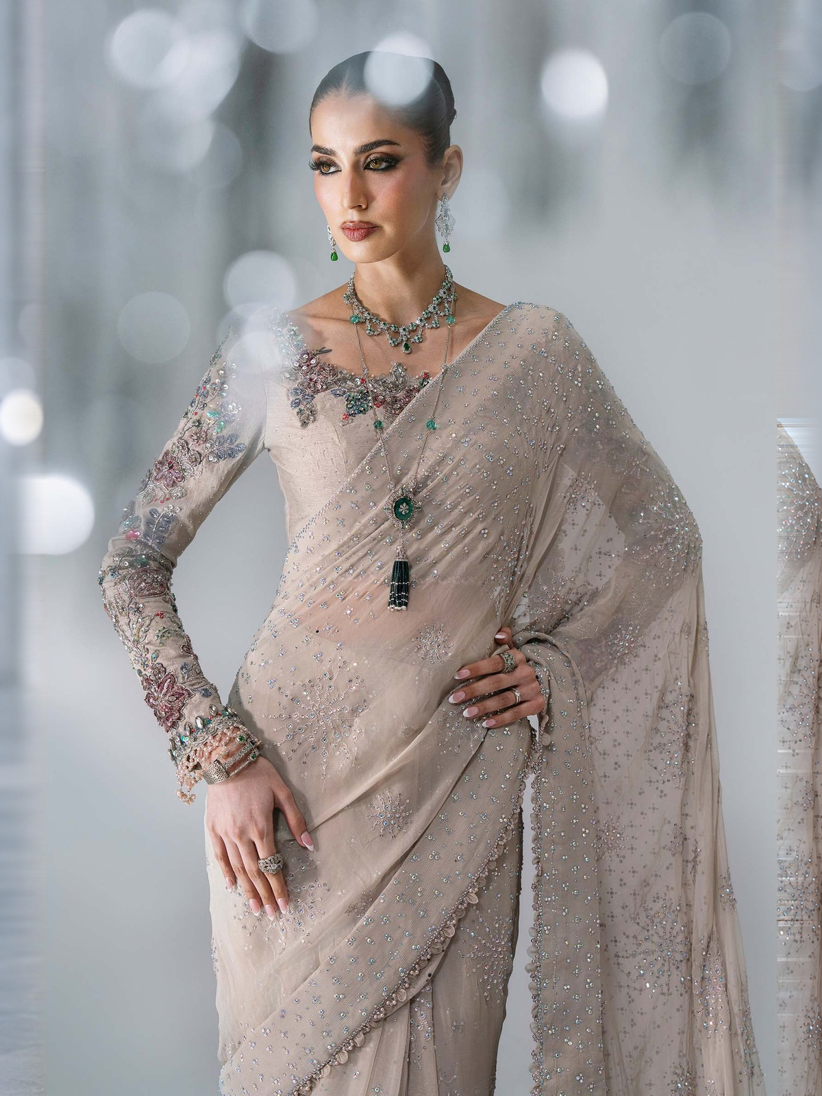 BD-3103 — Unstitched Embroidered Chiffon Saree. Color: Mouse Grey.