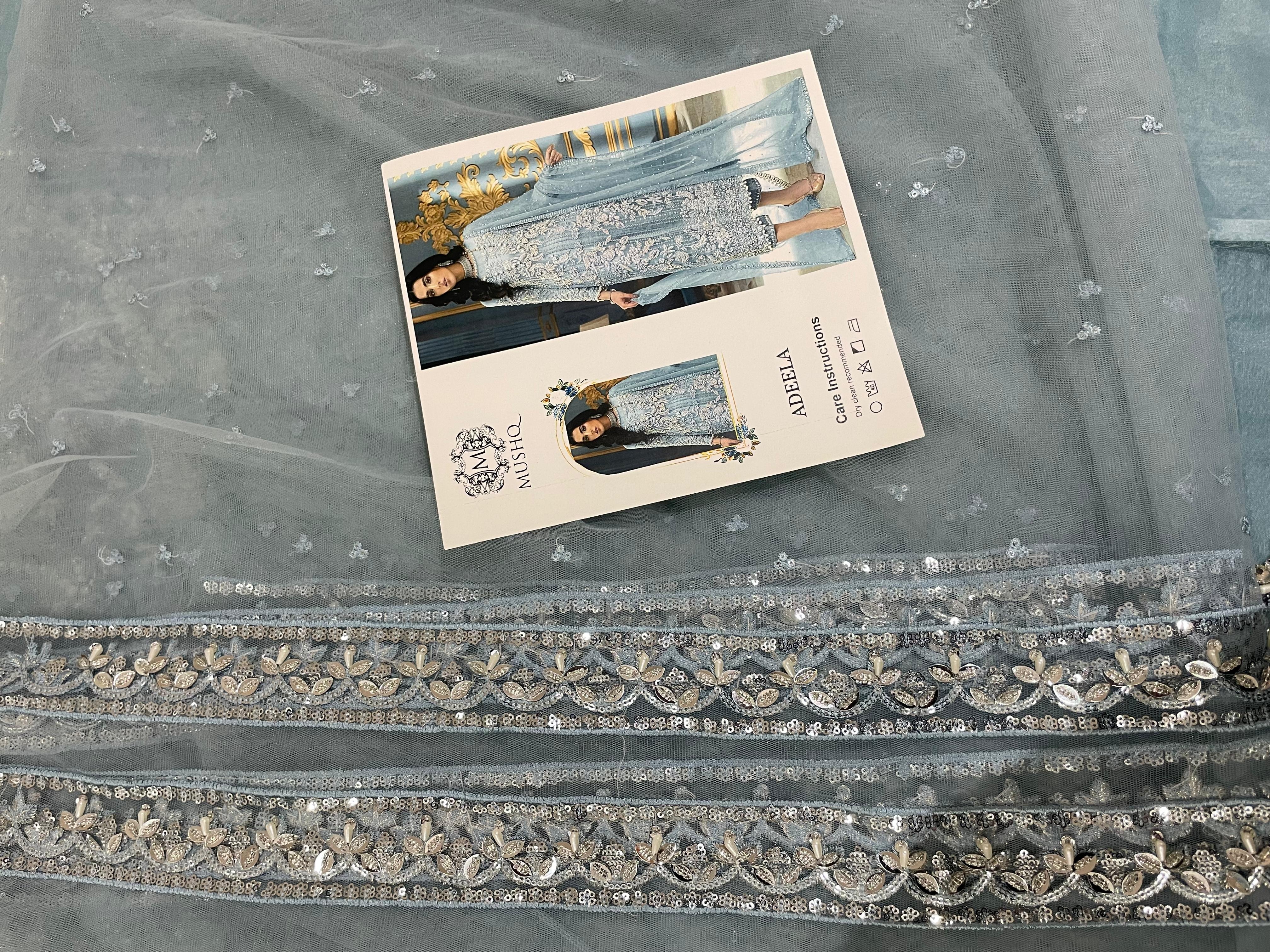 ADELA pakistani fashion outfit in blue, green, mint, silver tones.