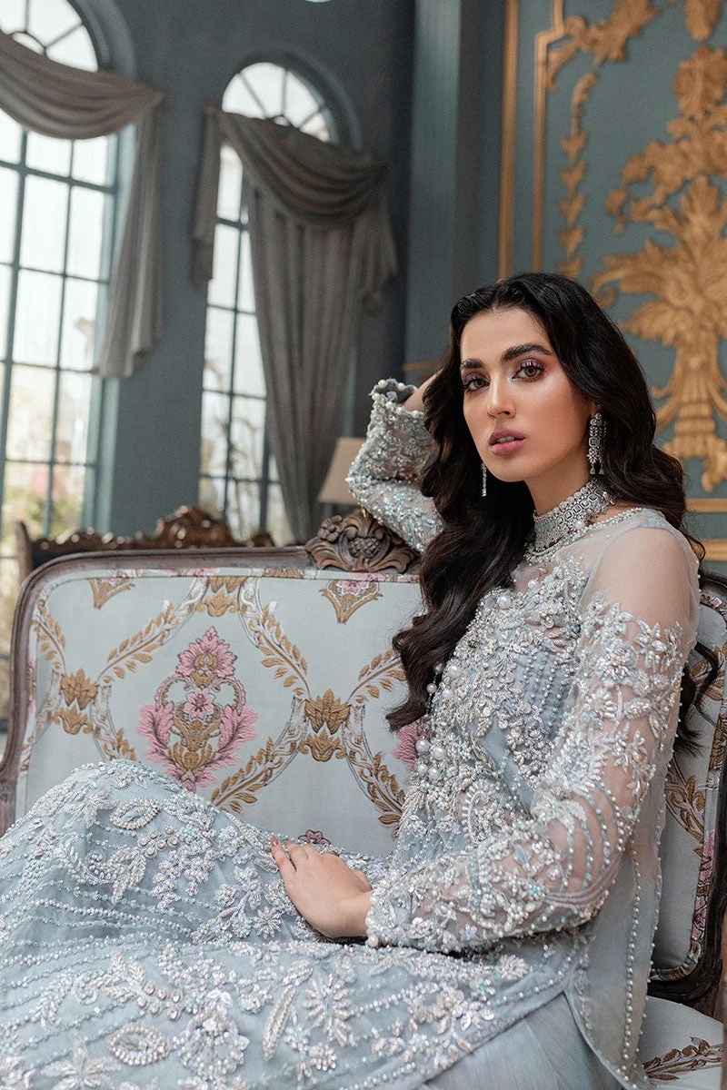 ADELA pakistani fashion outfit in blue, green, mint, silver tones.