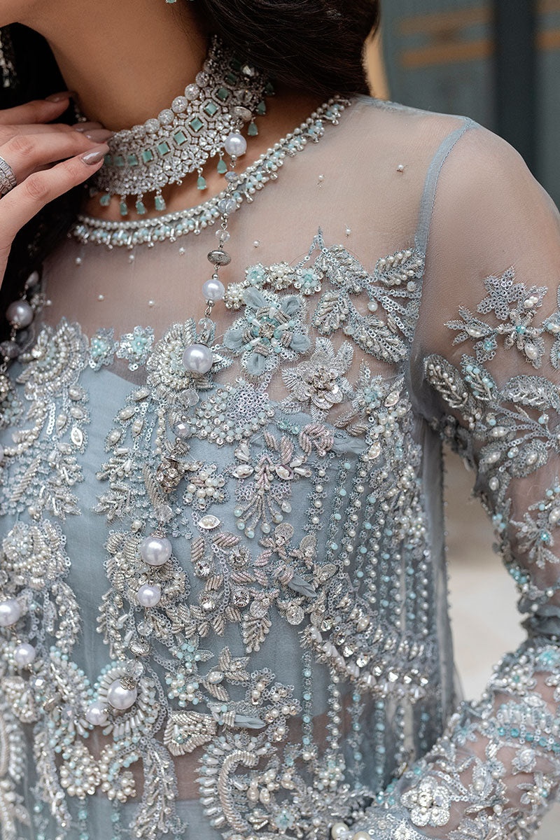 ADELA pakistani fashion outfit in blue, green, mint, silver tones.